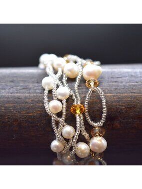 Vintage Three-Strand Freshwater Pearl & Amber Crystal Bracelet Set with Magnetic